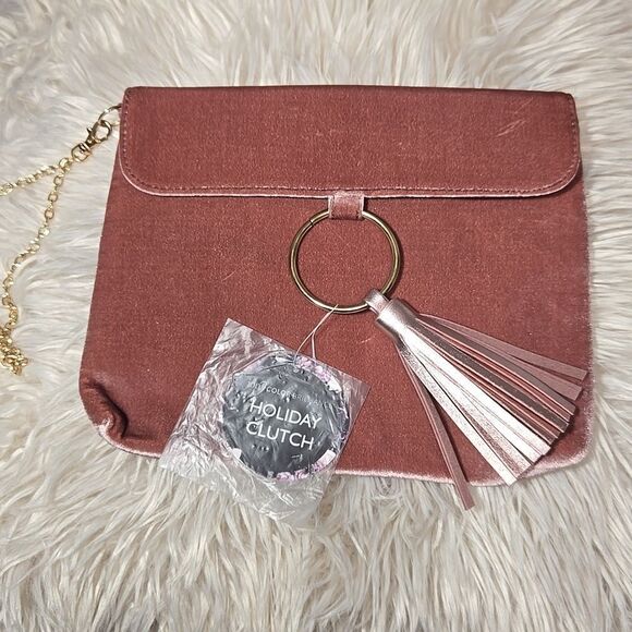 ION -HOLIDAY CLUTCH-SOFT Velvet ROSE W/GOLD COLOR ACCENT Chain Handle -NEW!!! - Picture 1 of 7